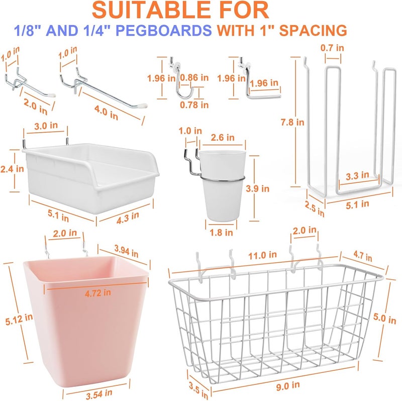 G.CORE Pegboard Basket Organizers, Peg Board Large Baskets Hooks Bins Cups Tool Organizer 42 Pack Set, Wall Storage Display Hanging Accessories for Craft Office Stadio Shed Garage Organization (White & Pink) - Image 2